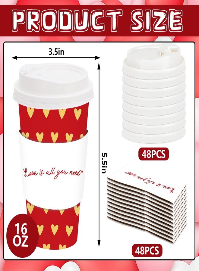 JarThenaAMCS مجموعة JarThenaAMCS المكونة من 48 كوب قهوة ورقية للاستخدام مرة واحدة، مع أغطية وأكمام، باللونين الأحمر والذهبي، مزينة بقلوب، مثالية لعيد الحب وحفلات الزفاف. - Image 2